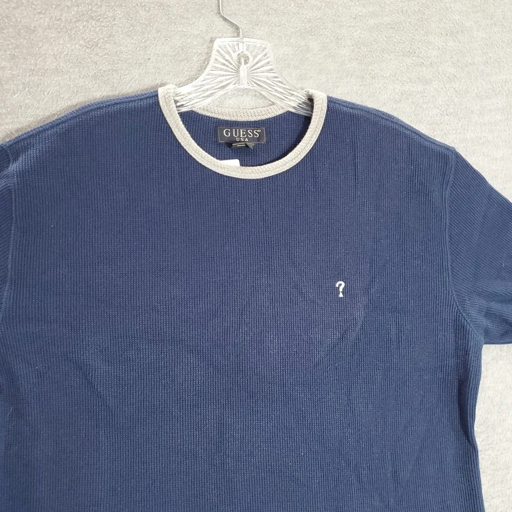 VINTAGE Guess Boys T-Shirt 2XL Blue Ringer Waffle Knit Logo Embroidered Peru 90s